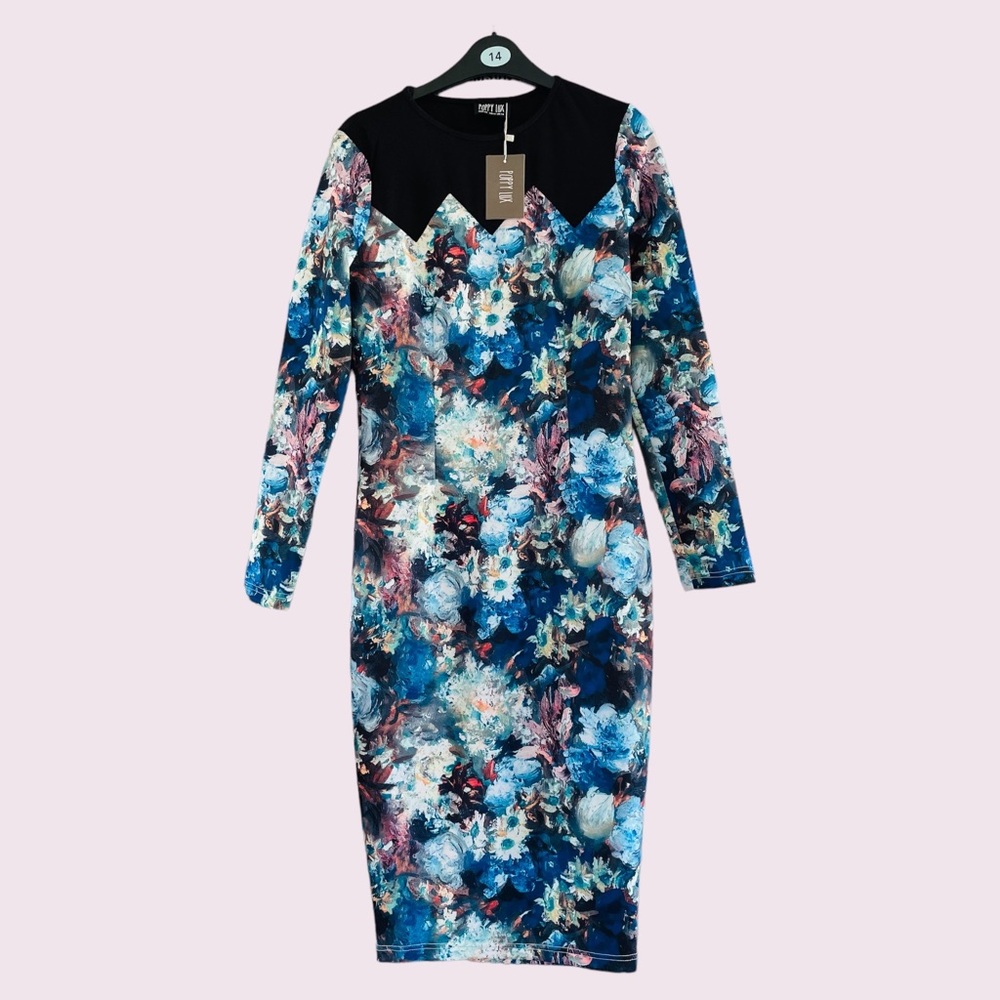POPPY LUX Size 14 Dress Pin up Long Sleeve Bodycon NEW - Picture 1 of 5
